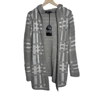 Womens Love Ever After women’s Medium Fuzzy Sleeve Grey White Open Cardigan
